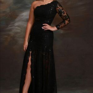 Tony Bowls One Shoulder Lace Sleeve Black Dress